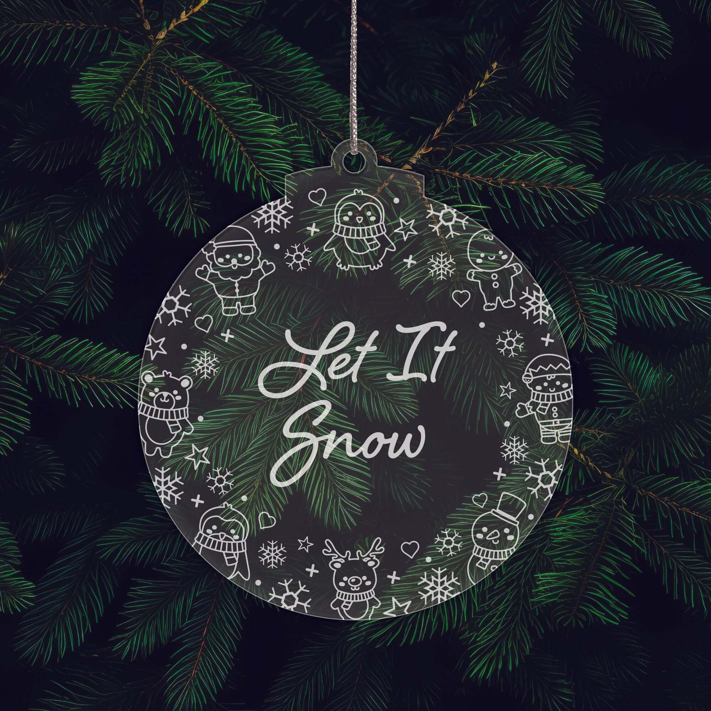Let It Snow Christmas Cuties Tree Baubles - Set of 3 Engraved Clear Acrylic Festive Decorations - 8.8 cm