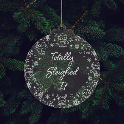 Just Sleighin’ Christmas Cuties Tree Baubles - Set of 3 Engraved Clear Acrylic Festive Decorations - 8.8 cm