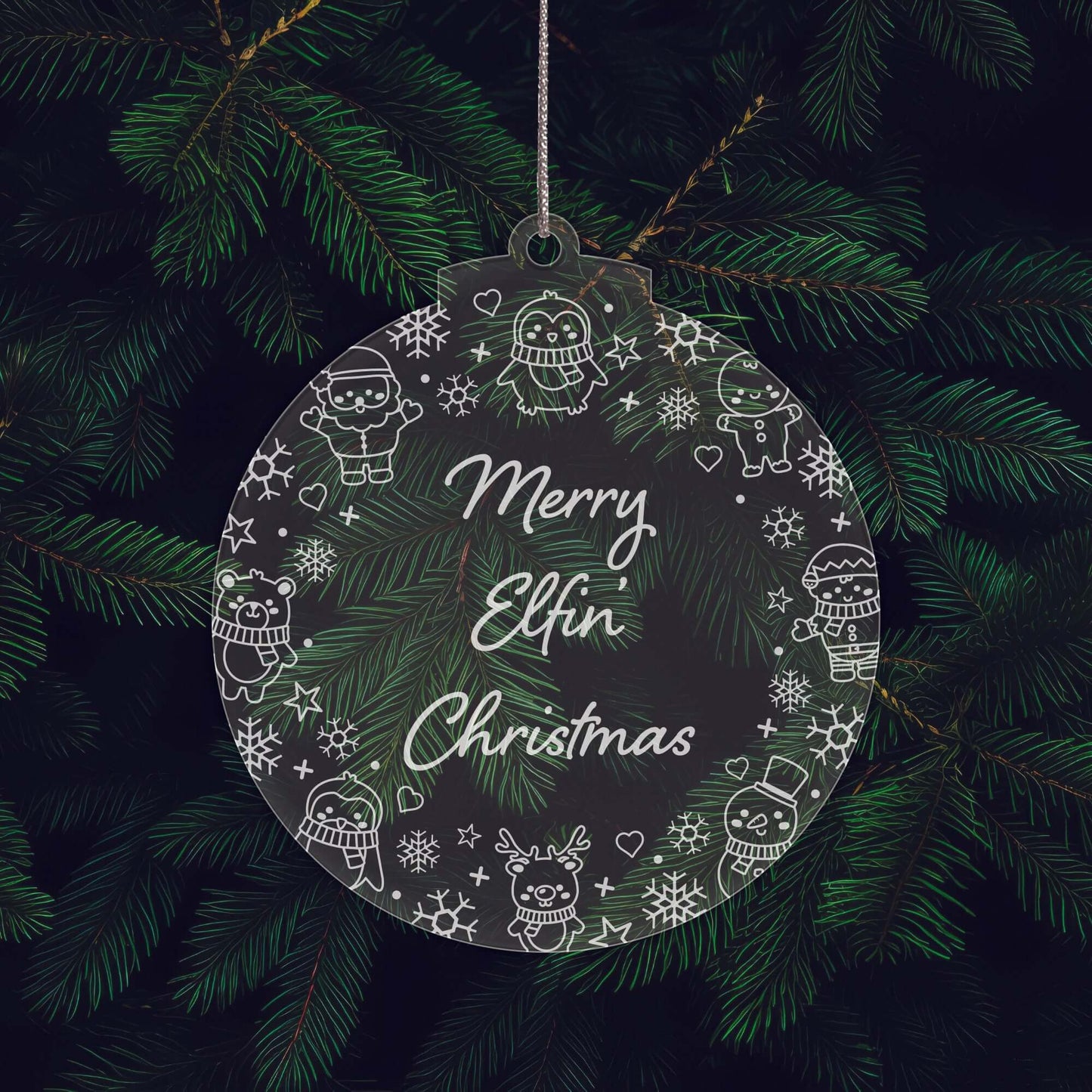 Bah Humbug Christmas Cuties Tree Baubles - Set of 3 Engraved Clear Acrylic Festive Decorations - 8.8 cm