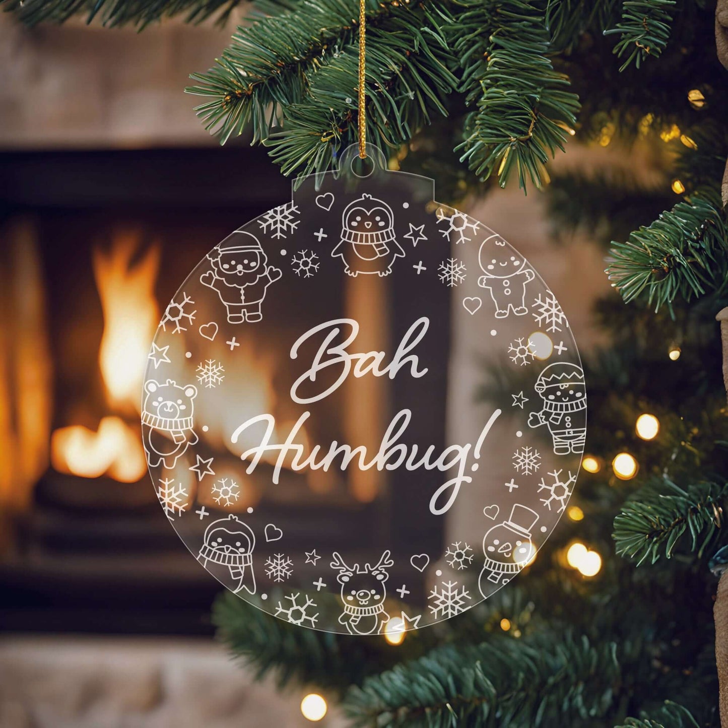 Bah Humbug Christmas Cuties Tree Baubles - Set of 3 Engraved Clear Acrylic Festive Decorations - 8.8 cm