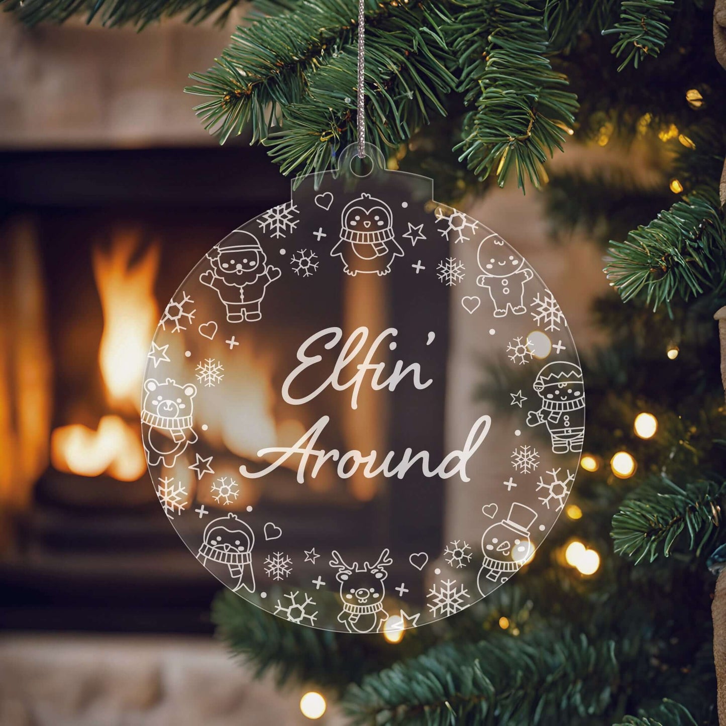Elfin' Around Christmas Cuties Tree Baubles - Set of 3 Engraved Clear Acrylic Festive Decorations - 8.8 cm