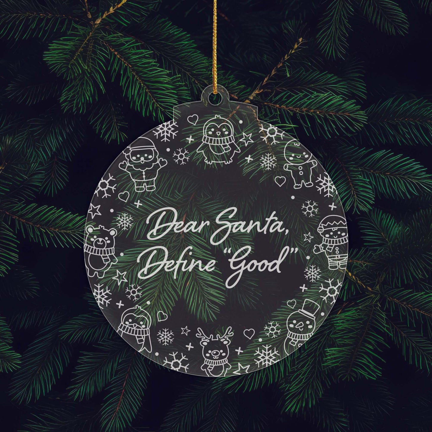 Naughty List Christmas Cuties Tree Baubles - Set of 3 Engraved Clear Acrylic Festive Decorations - 8.8 cm