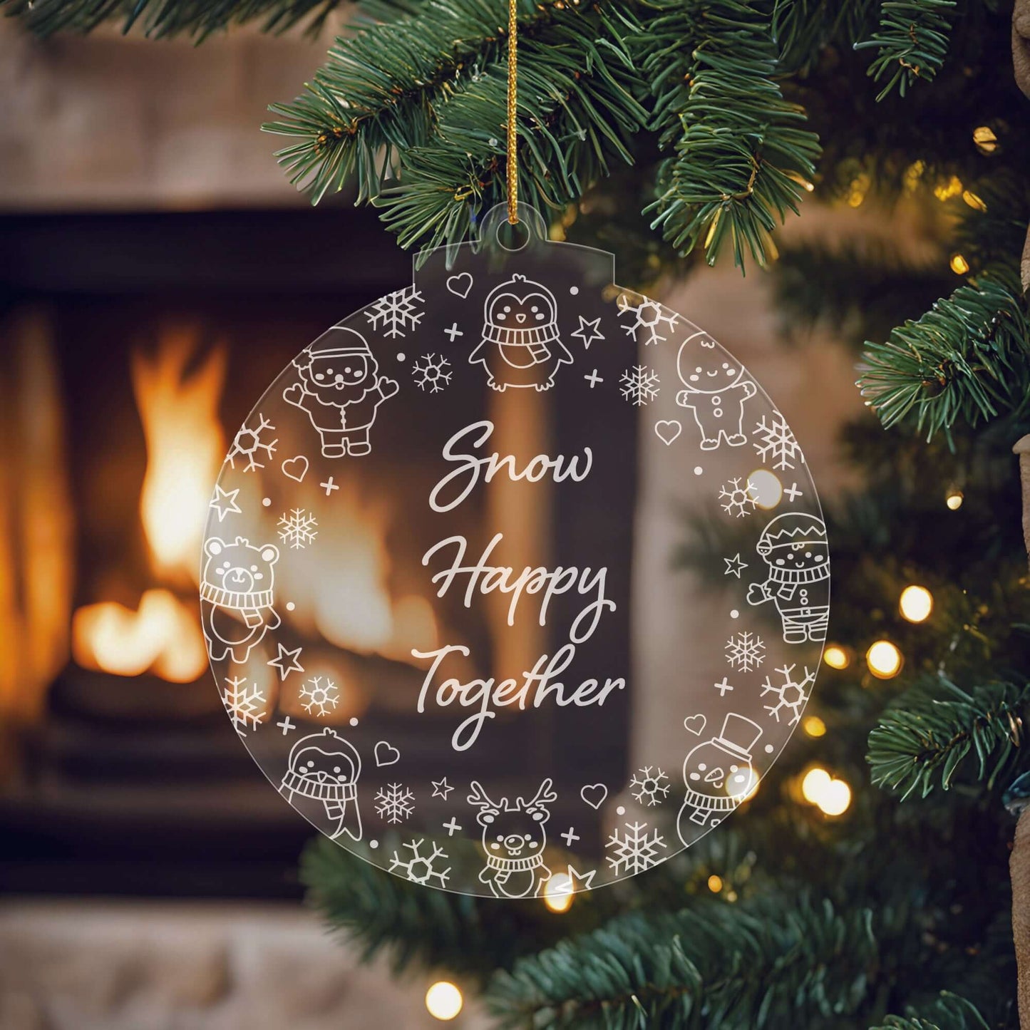 Let It Snow Christmas Cuties Tree Baubles - Set of 3 Engraved Clear Acrylic Festive Decorations - 8.8 cm