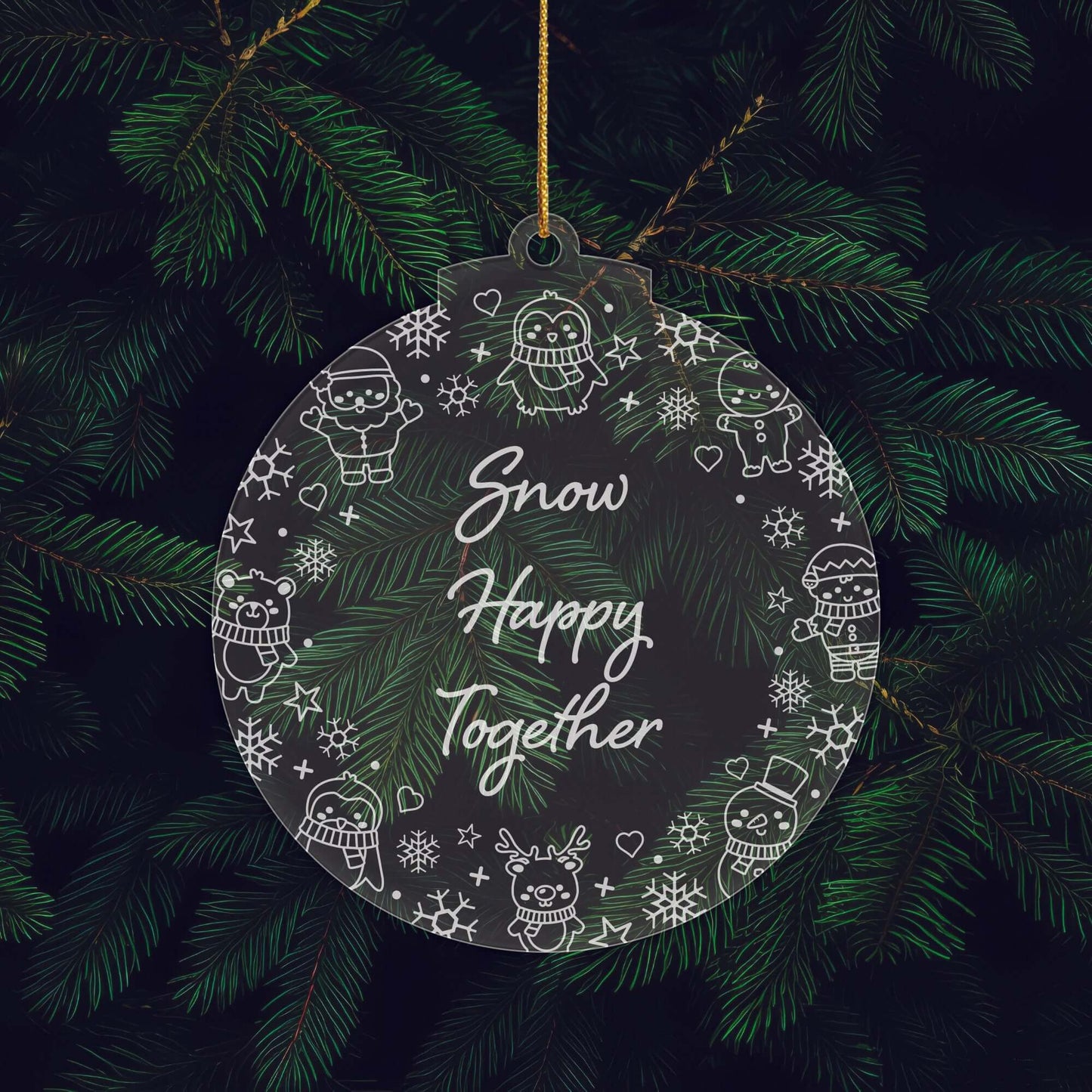 Let It Snow Christmas Cuties Tree Baubles - Set of 3 Engraved Clear Acrylic Festive Decorations - 8.8 cm