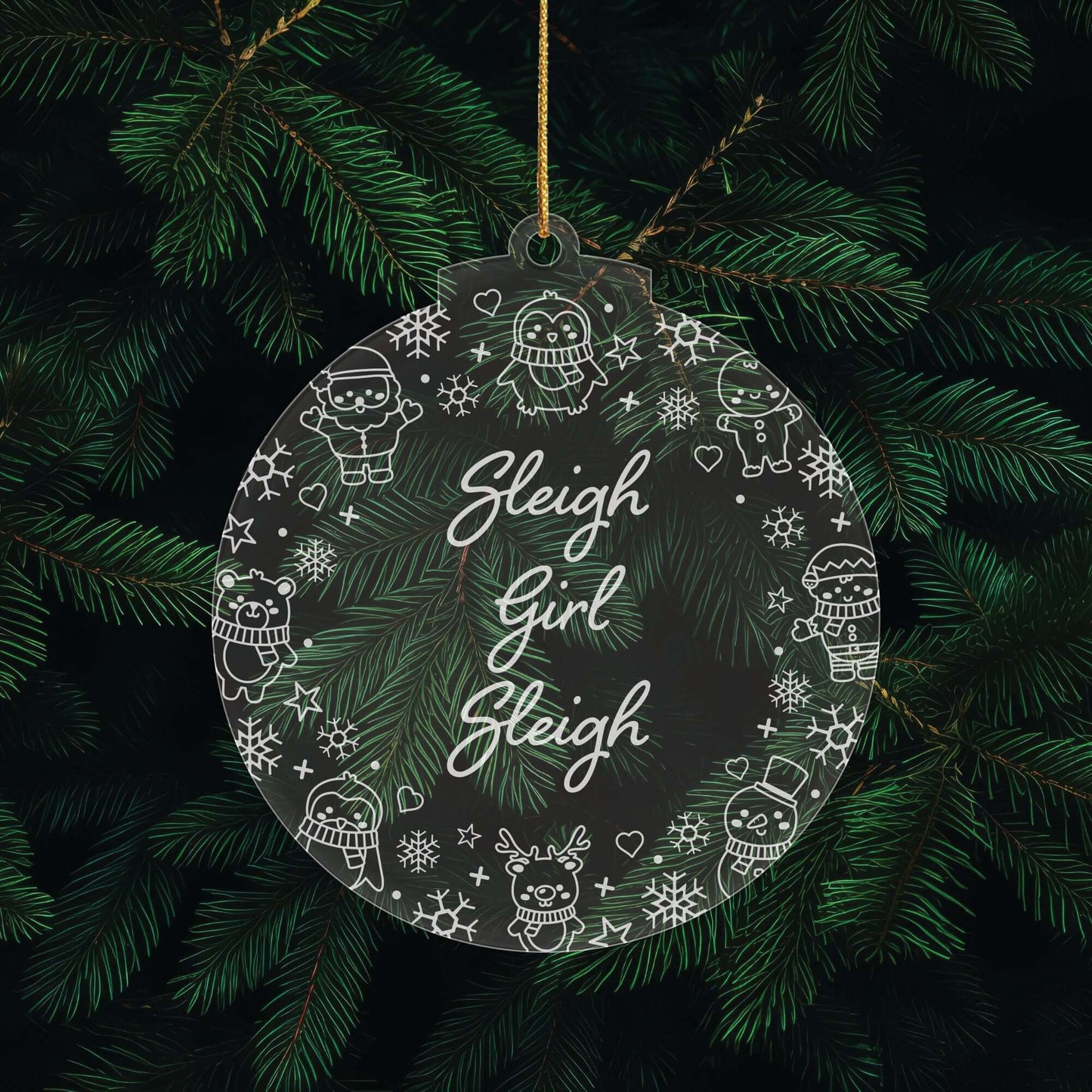 Just Sleighin’ Christmas Cuties Tree Baubles - Set of 3 Engraved Clear Acrylic Festive Decorations - 8.8 cm