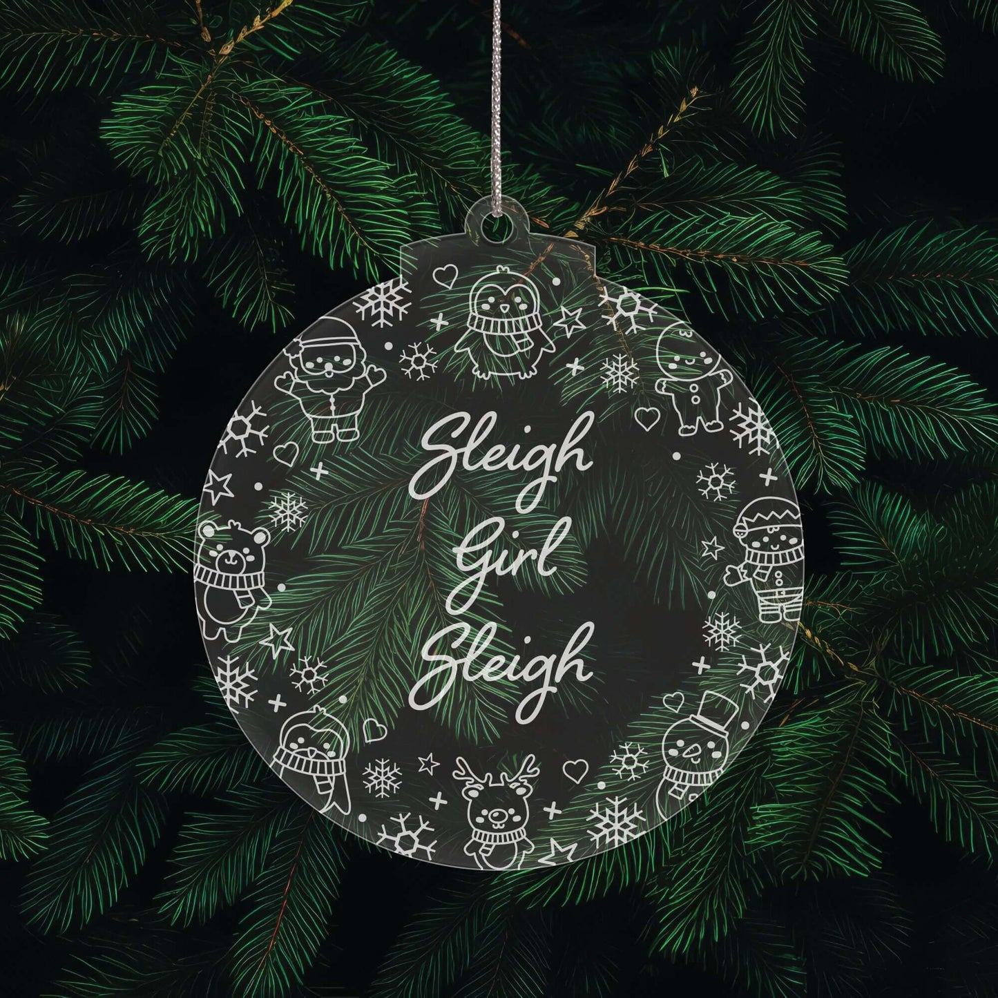 Just Sleighin’ Christmas Cuties Tree Baubles - Set of 3 Engraved Clear Acrylic Festive Decorations - 8.8 cm