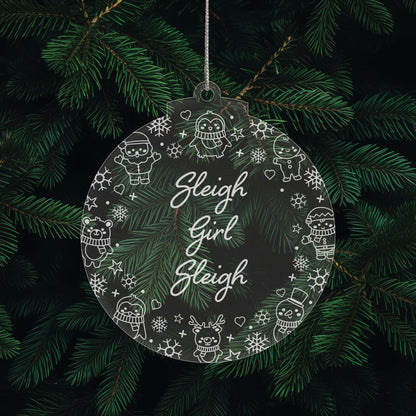 Just Sleighin’ Christmas Cuties Tree Baubles - Set of 3 Engraved Clear Acrylic Festive Decorations - 8.8 cm