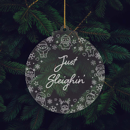 Just Sleighin’ Christmas Cuties Tree Baubles - Set of 3 Engraved Clear Acrylic Festive Decorations - 8.8 cm