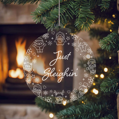Just Sleighin’ Christmas Cuties Tree Baubles - Set of 3 Engraved Clear Acrylic Festive Decorations - 8.8 cm