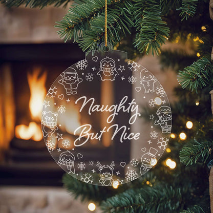 Naughty List Christmas Cuties Tree Baubles - Set of 3 Engraved Clear Acrylic Festive Decorations - 8.8 cm