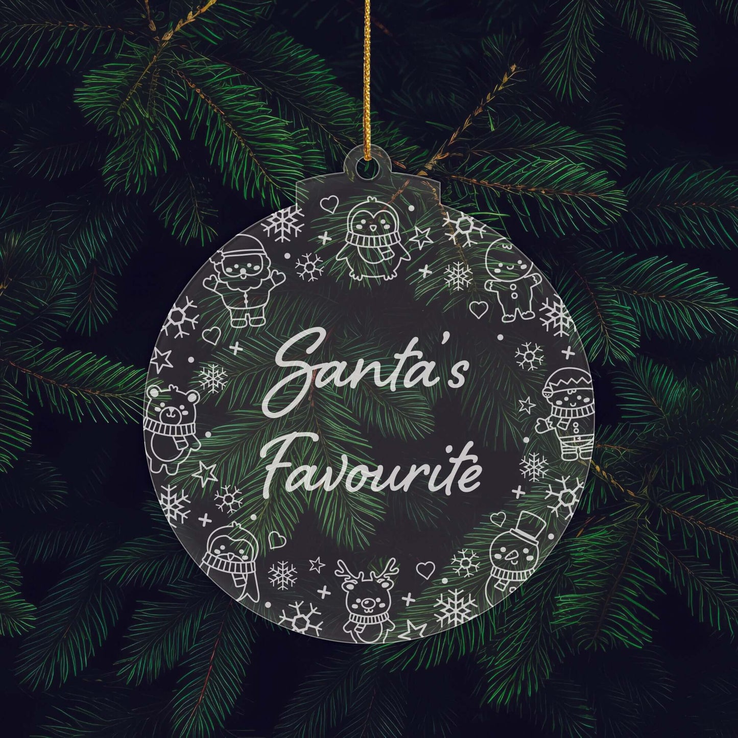 Santa's Favourite Christmas Cuties Tree Baubles - Set of 3 Engraved Clear Acrylic Festive Decorations - 8.8 cm