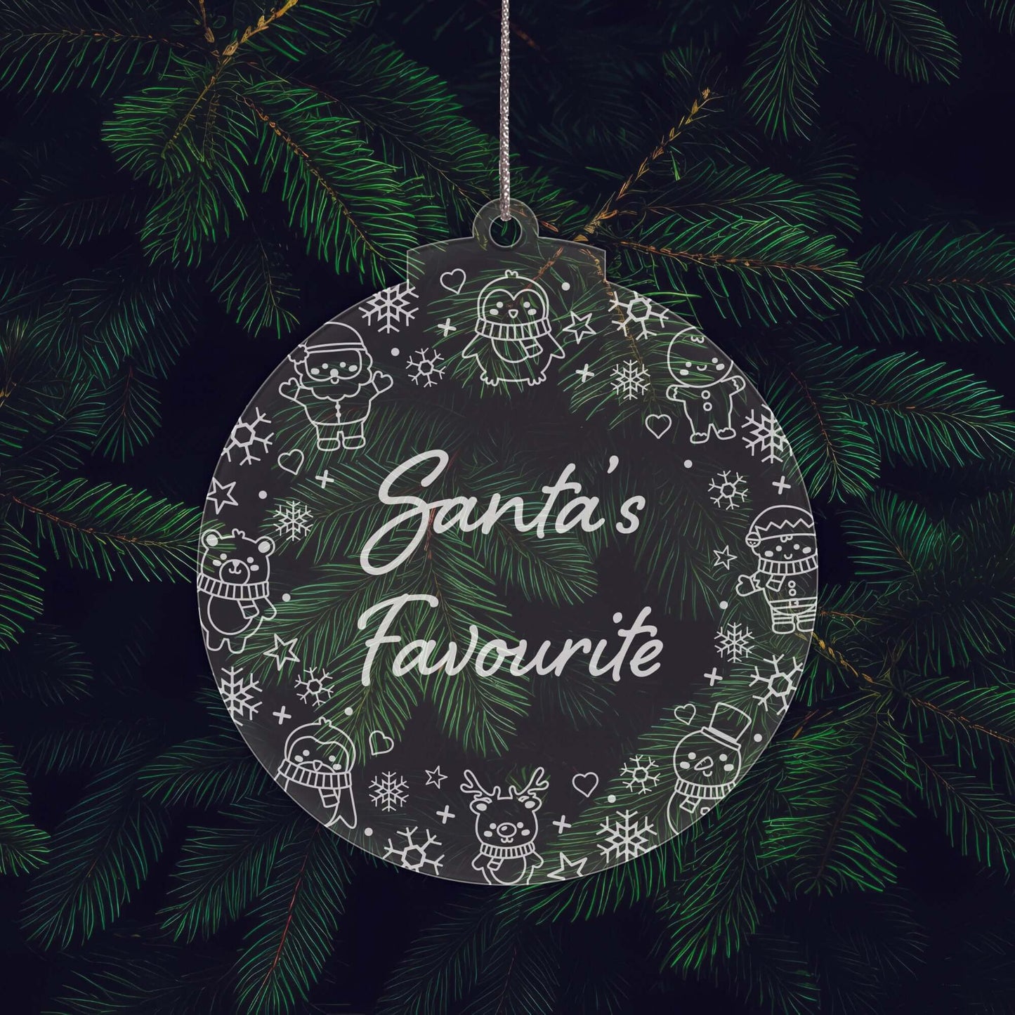 Santa's Favourite Christmas Cuties Tree Baubles - Set of 3 Engraved Clear Acrylic Festive Decorations - 8.8 cm