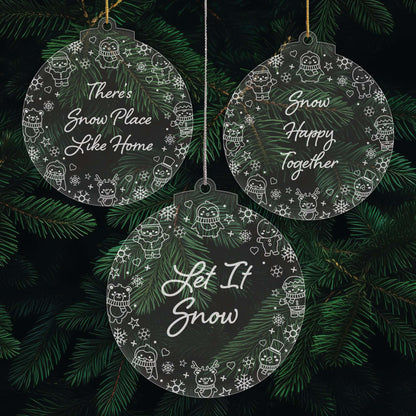 Let It Snow Christmas Cuties Tree Baubles - Set of 3 Engraved Clear Acrylic Festive Decorations - 8.8 cm