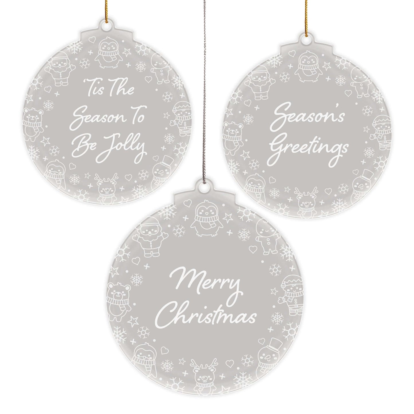 Festive Messages Christmas Cuties Tree Baubles - Set of 3 Engraved Clear Acrylic Festive Decorations - 8.8 cm