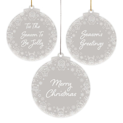 Festive Messages Christmas Cuties Tree Baubles - Set of 3 Engraved Clear Acrylic Festive Decorations - 8.8 cm
