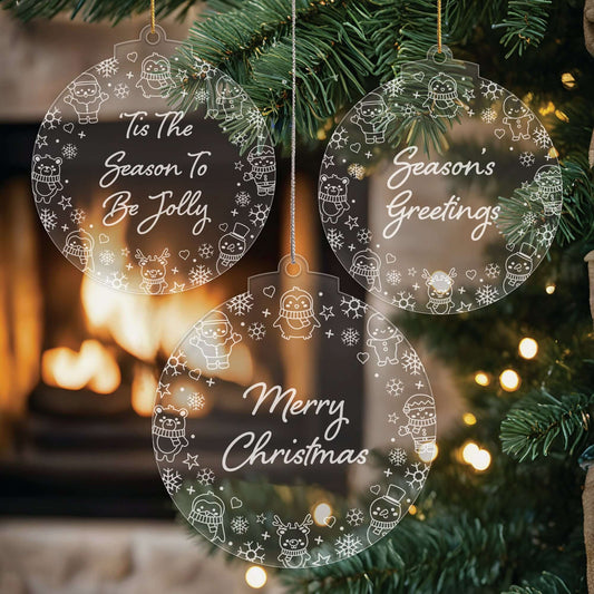 Festive Messages Christmas Cuties Tree Baubles - Set of 3 Engraved Clear Acrylic Festive Decorations - 8.8 cm