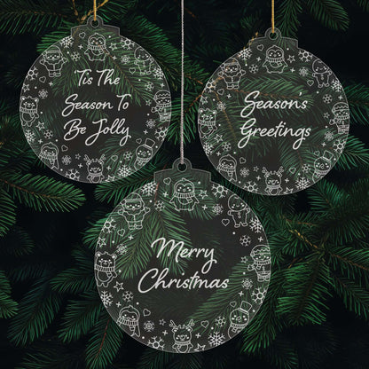 Festive Messages Christmas Cuties Tree Baubles - Set of 3 Engraved Clear Acrylic Festive Decorations - 8.8 cm