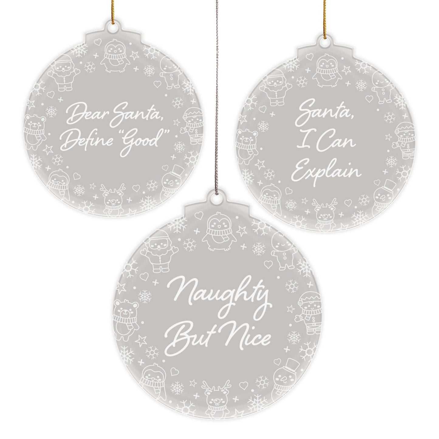 Naughty List Christmas Cuties Tree Baubles - Set of 3 Engraved Clear Acrylic Festive Decorations - 8.8 cm