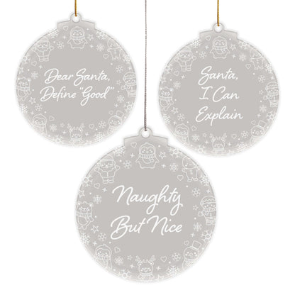 Naughty List Christmas Cuties Tree Baubles - Set of 3 Engraved Clear Acrylic Festive Decorations - 8.8 cm