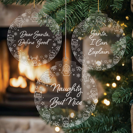 Naughty List Christmas Cuties Tree Baubles - Set of 3 Engraved Clear Acrylic Festive Decorations - 8.8 cm