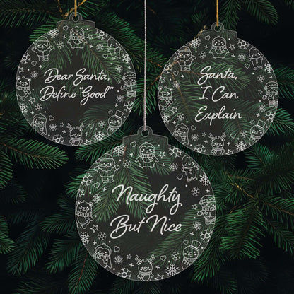 Naughty List Christmas Cuties Tree Baubles - Set of 3 Engraved Clear Acrylic Festive Decorations - 8.8 cm