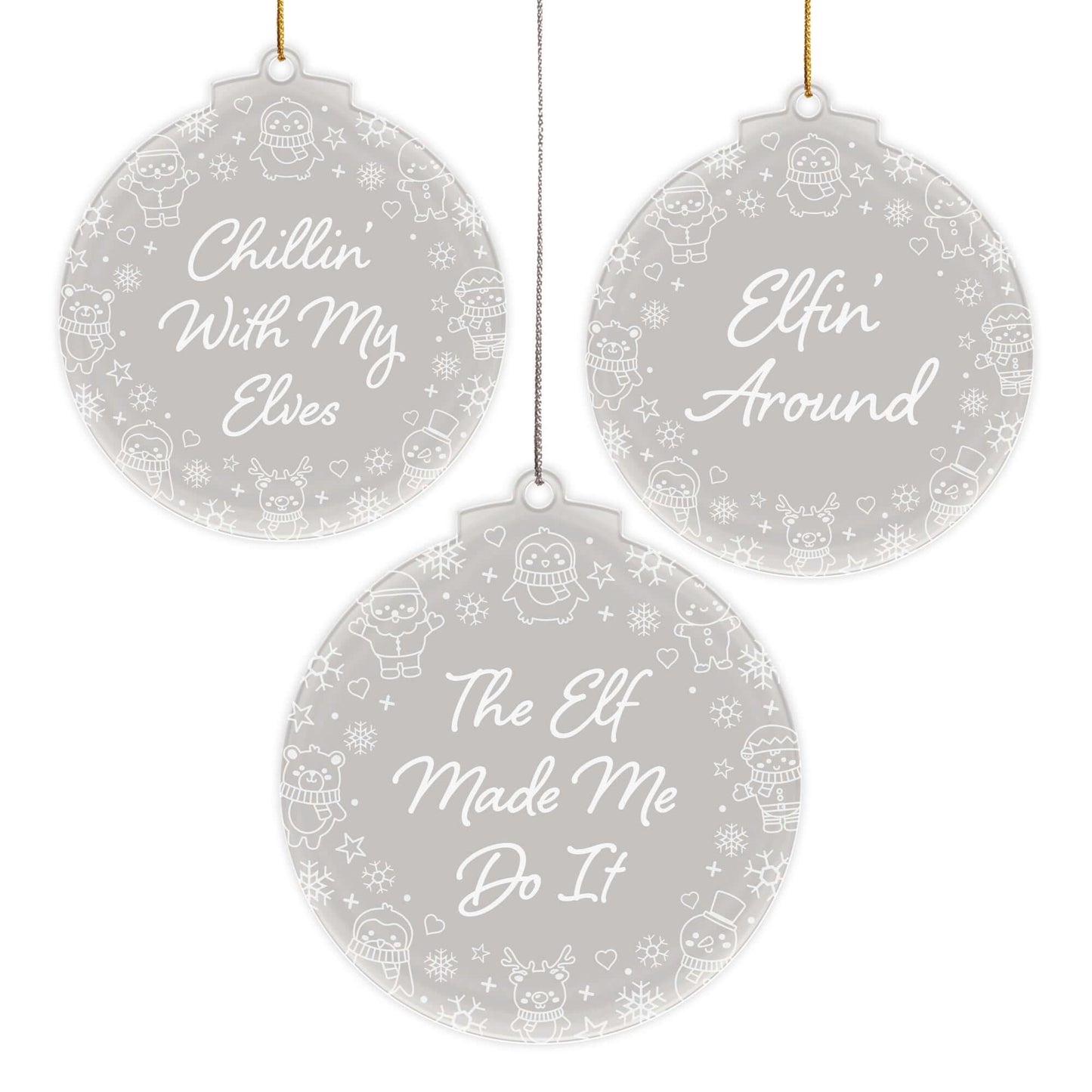 Elfin' Around Christmas Cuties Tree Baubles - Set of 3 Engraved Clear Acrylic Festive Decorations - 8.8 cm