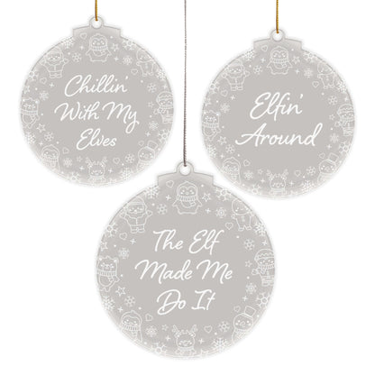 Elfin' Around Christmas Cuties Tree Baubles - Set of 3 Engraved Clear Acrylic Festive Decorations - 8.8 cm
