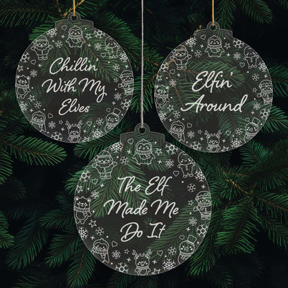 Elfin' Around Christmas Cuties Tree Baubles - Set of 3 Engraved Clear Acrylic Festive Decorations - 8.8 cm