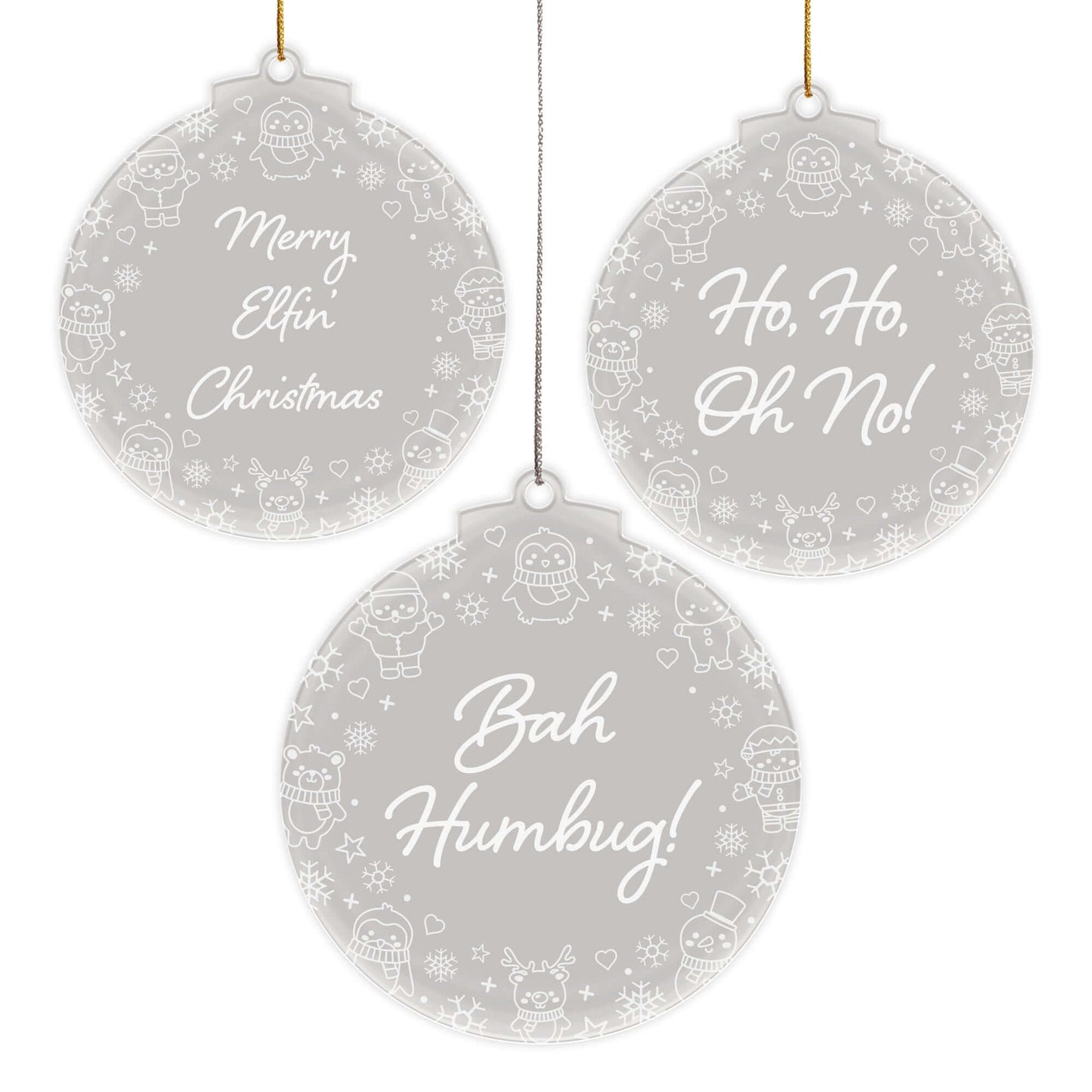 Bah Humbug Christmas Cuties Tree Baubles - Set of 3 Engraved Clear Acrylic Festive Decorations - 8.8 cm