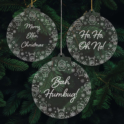 Bah Humbug Christmas Cuties Tree Baubles - Set of 3 Engraved Clear Acrylic Festive Decorations - 8.8 cm