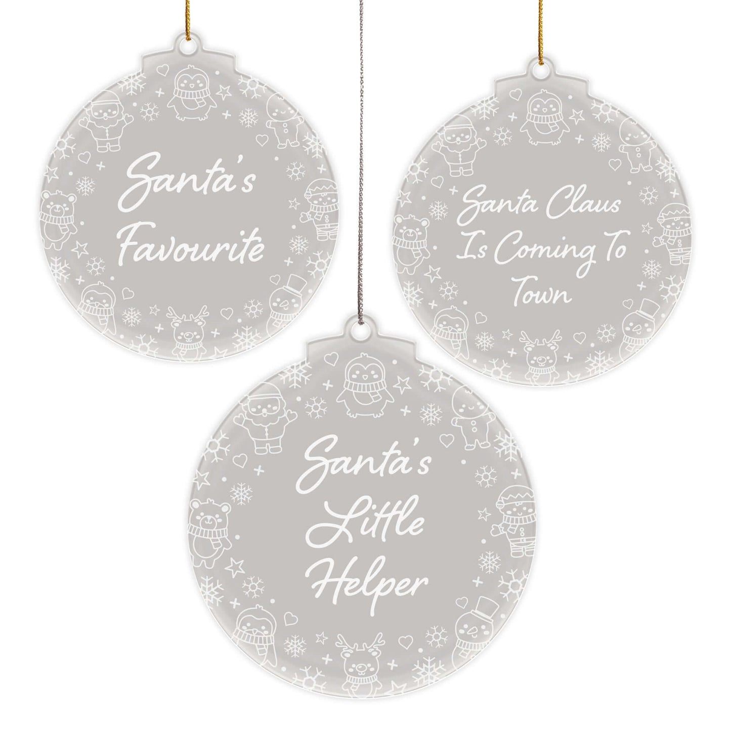 Santa's Favourite Christmas Cuties Tree Baubles - Set of 3 Engraved Clear Acrylic Festive Decorations - 8.8 cm