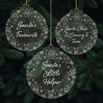 Santa's Favourite Christmas Cuties Tree Baubles - Set of 3 Engraved Clear Acrylic Festive Decorations - 8.8 cm