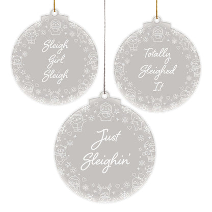 Just Sleighin’ Christmas Cuties Tree Baubles - Set of 3 Engraved Clear Acrylic Festive Decorations - 8.8 cm