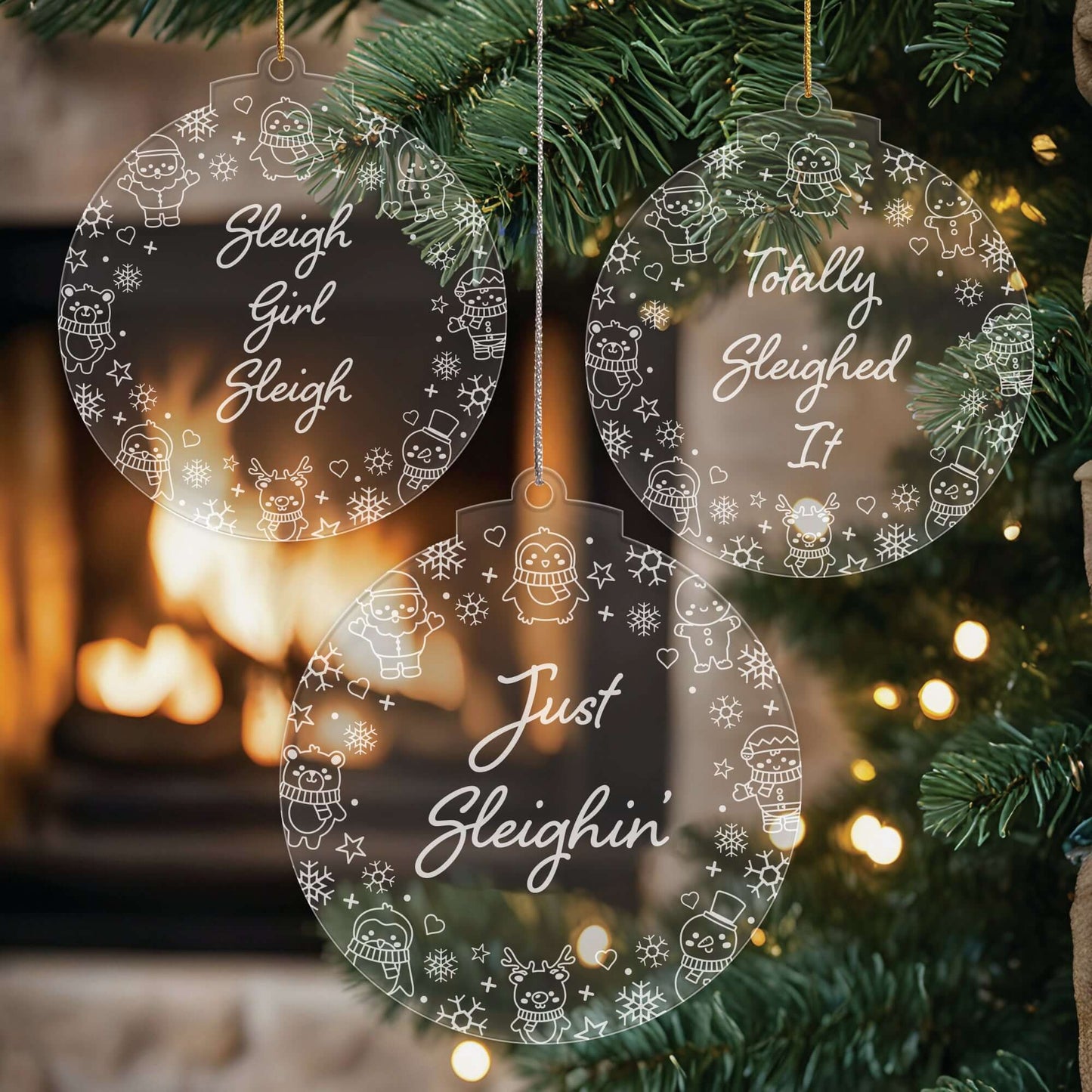 Just Sleighin’ Christmas Cuties Tree Baubles - Set of 3 Engraved Clear Acrylic Festive Decorations - 8.8 cm