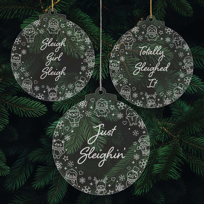 Just Sleighin’ Christmas Cuties Tree Baubles - Set of 3 Engraved Clear Acrylic Festive Decorations - 8.8 cm