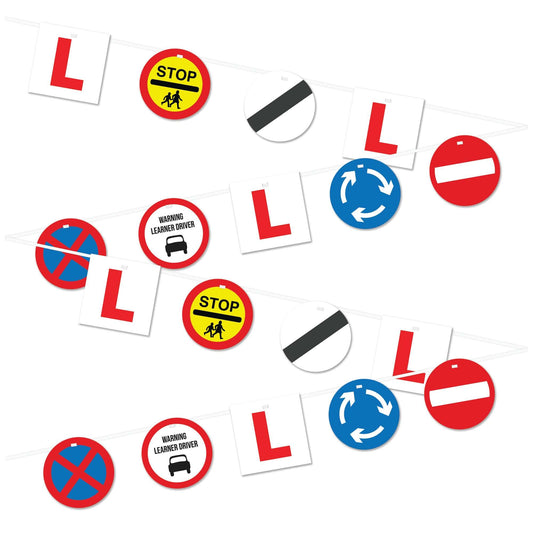 Colorful learner driver bunting with L plates and UK road signs for party decorations.