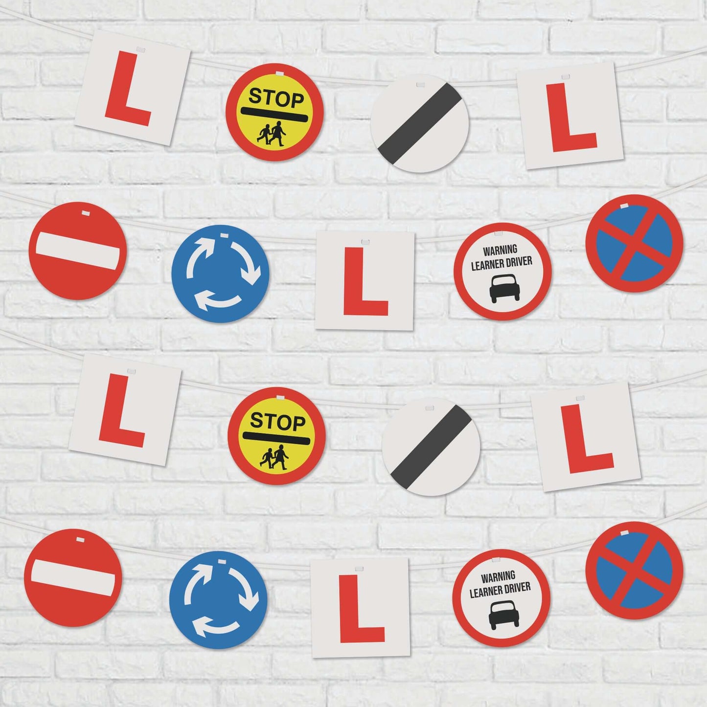 Learner Driver party bunting with L plates and UK road signs for 17th birthday decorations.