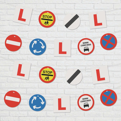 Learner Driver party bunting with L plates and UK road signs for 17th birthday decorations.