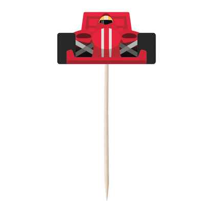 Racing Car & Chequered Flag Cupcake Toppers Set - 24pc - Birthday Celebration Cupcake & Cake Decorations