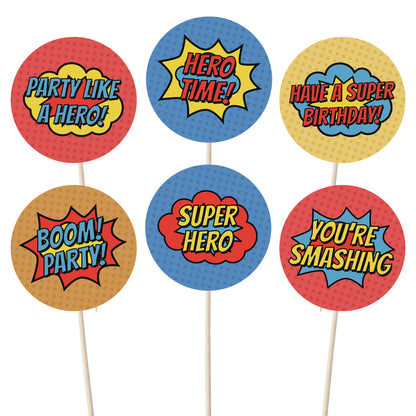 Superhero Comic Book Cupcake Toppers Set - 24pc - Birthday Celebration Cupcake & Cake Decorations