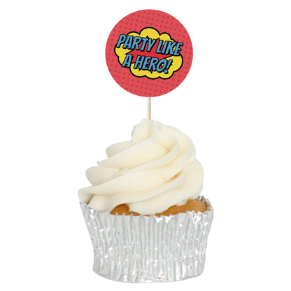 Superhero Comic Book Cupcake Toppers Set - 24pc - Birthday Celebration Cupcake & Cake Decorations