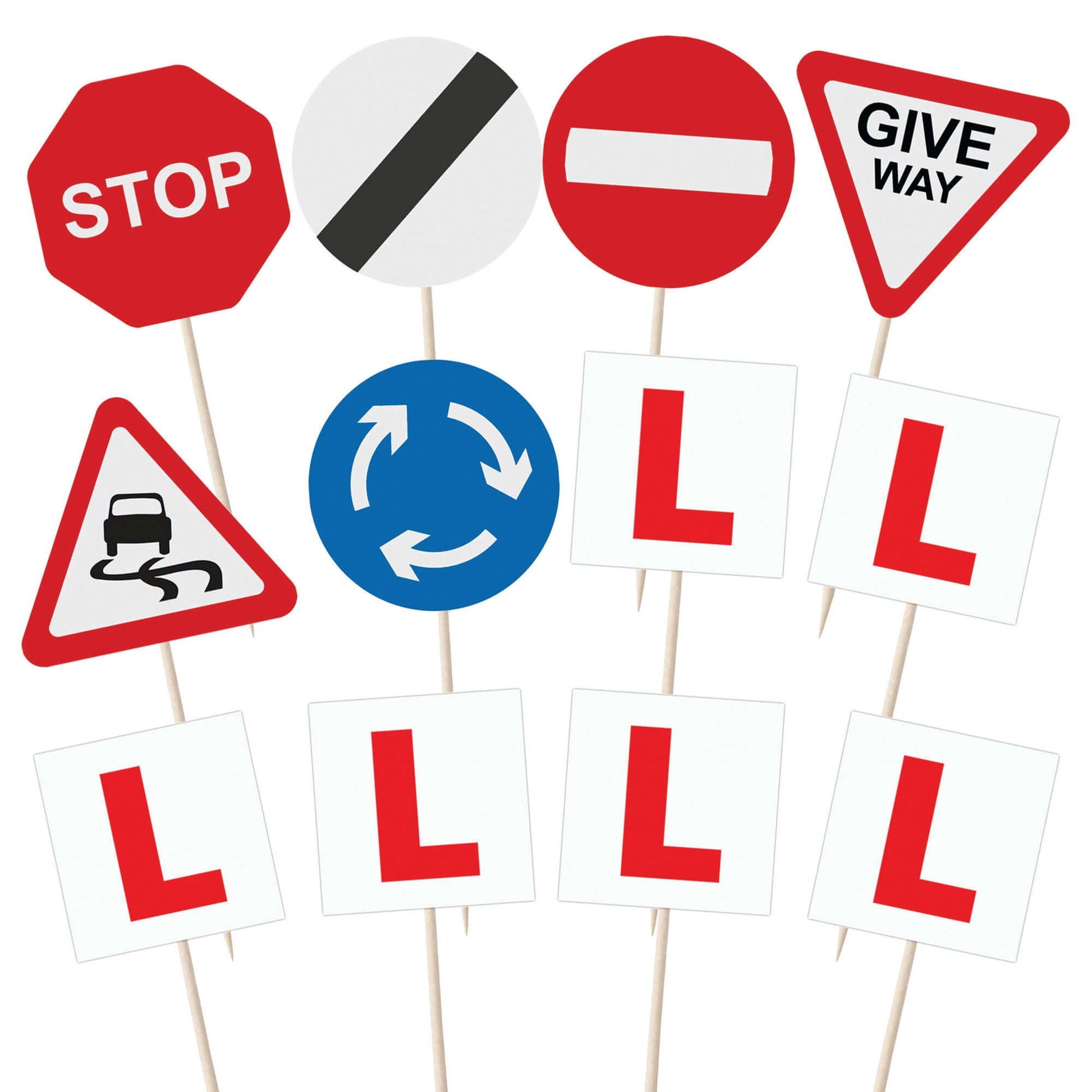 Learner Driver Cupcake Toppers featuring L Plates and road signs for birthday celebrations and new drivers.