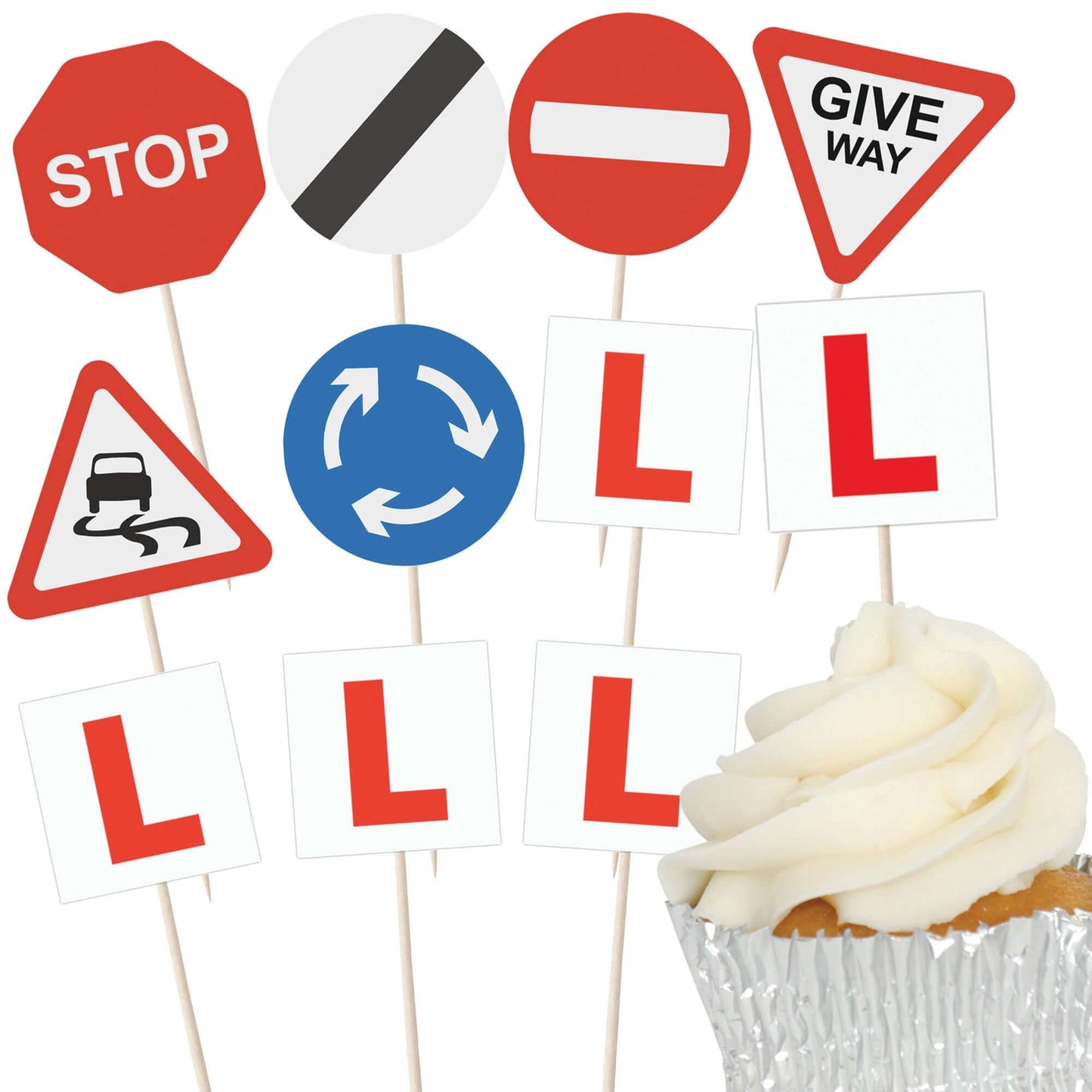 Learner Driver Cupcake Toppers with L Plates and road signs, perfect for birthday or driving-themed celebrations.