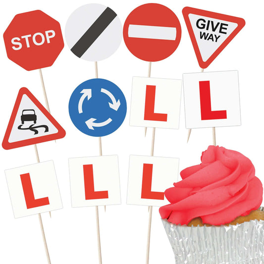 Learner Driver cupcake toppers featuring L plates and road signs, perfect for celebrating driving milestones.