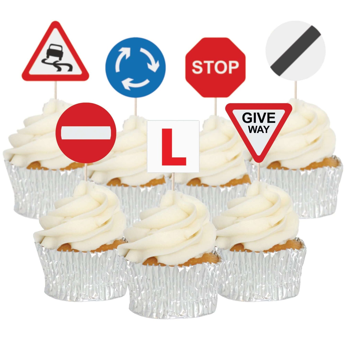 Learner Driver Cupcake Toppers Set with L plates and road signs on frosted cupcakes for a fun driving-themed celebration.