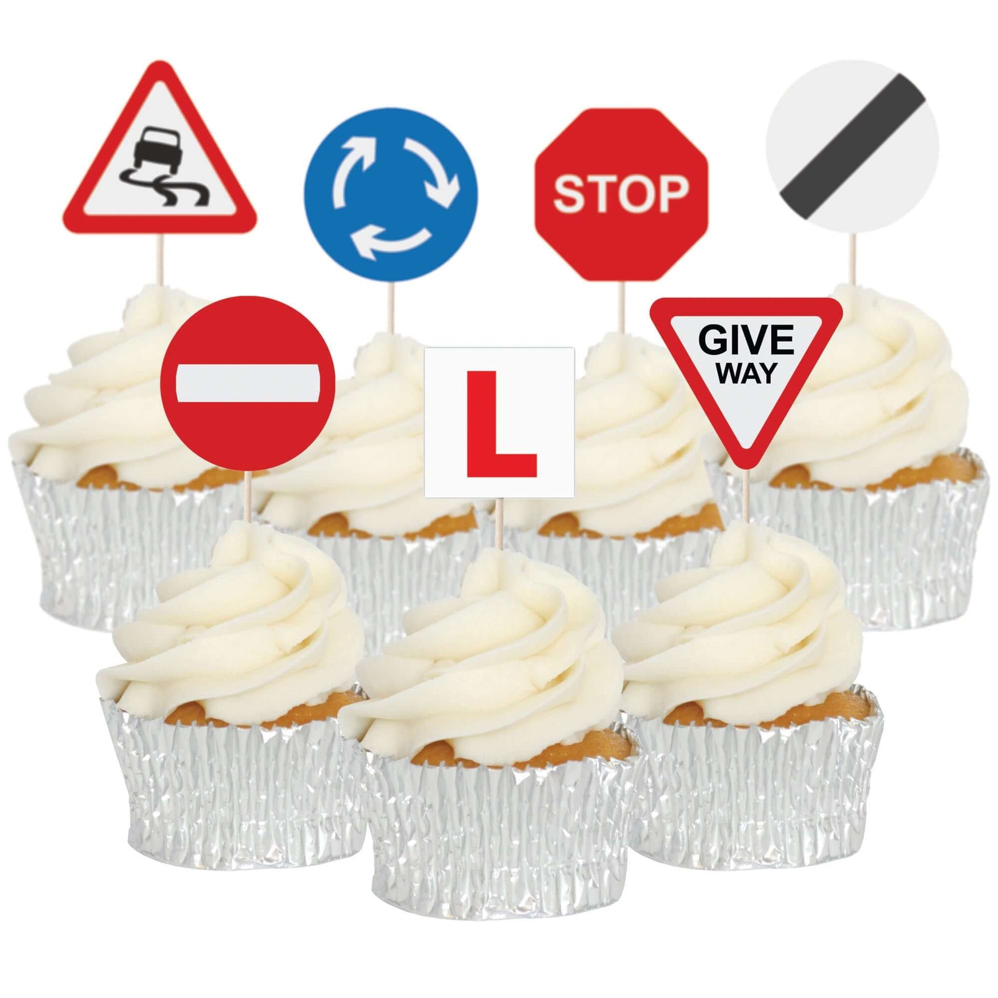 Learner Driver Cupcake Toppers Set with L plates and road signs on frosted cupcakes for a fun driving-themed celebration.