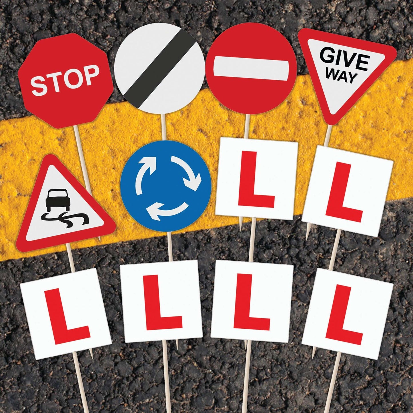 Learner Driver Cupcake Toppers featuring L Plates and road signs for festive driving celebrations.