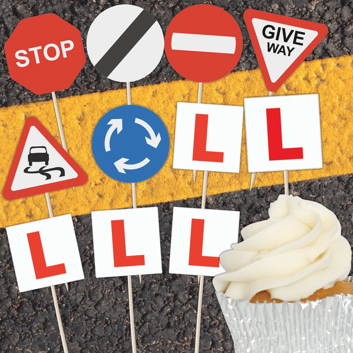 Learner Driver Cupcake Toppers set featuring L plates and road signs for driving-themed celebrations.