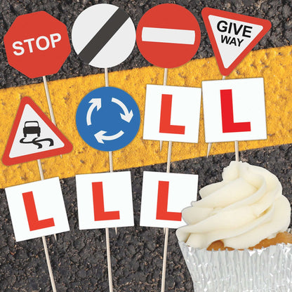 Learner Driver Cupcake Toppers set featuring L plates and road signs for driving-themed celebrations.