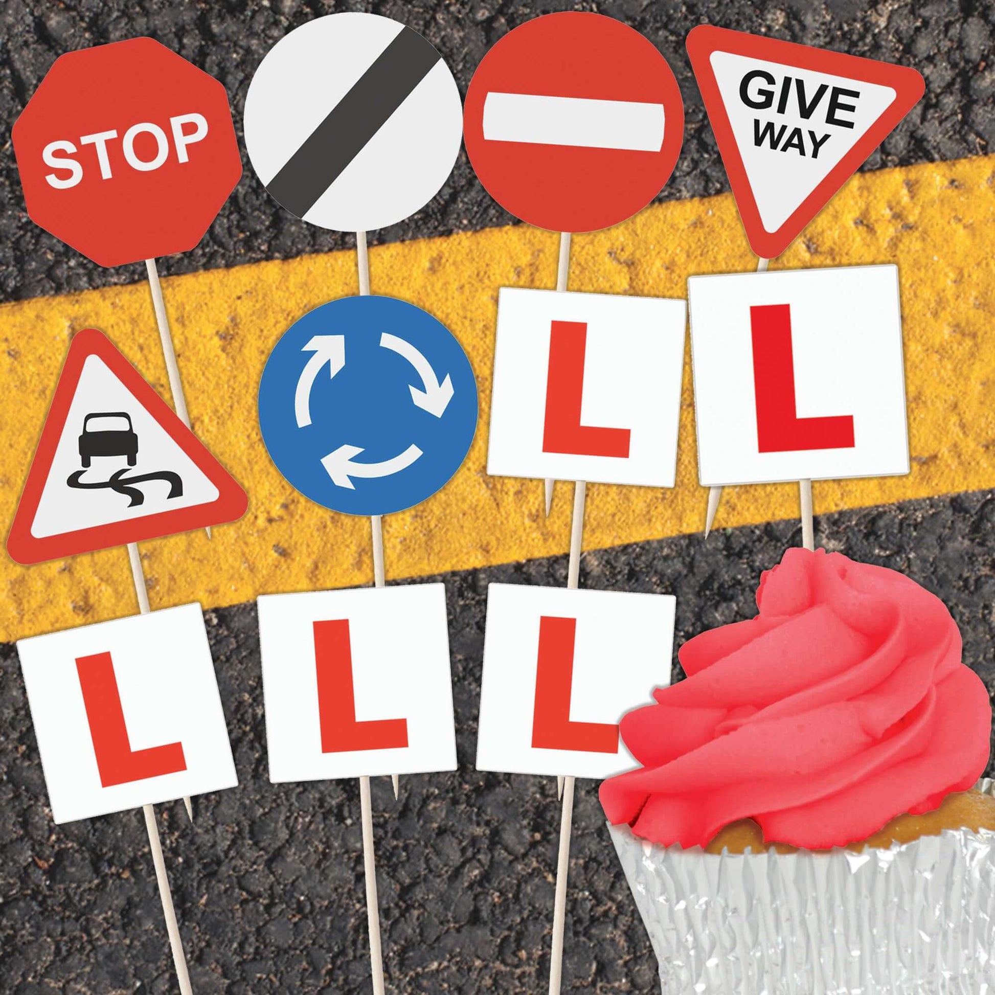 Learner Driver Cupcake Toppers featuring L plates and road signs on a dessert, ideal for celebrating new drivers.
